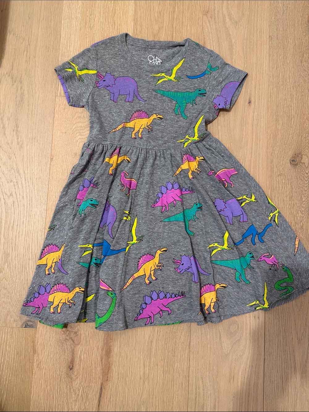 Chaser Girls Gray Multicolor Dinosaur Print Twirl Short Sleeve Dress size 7